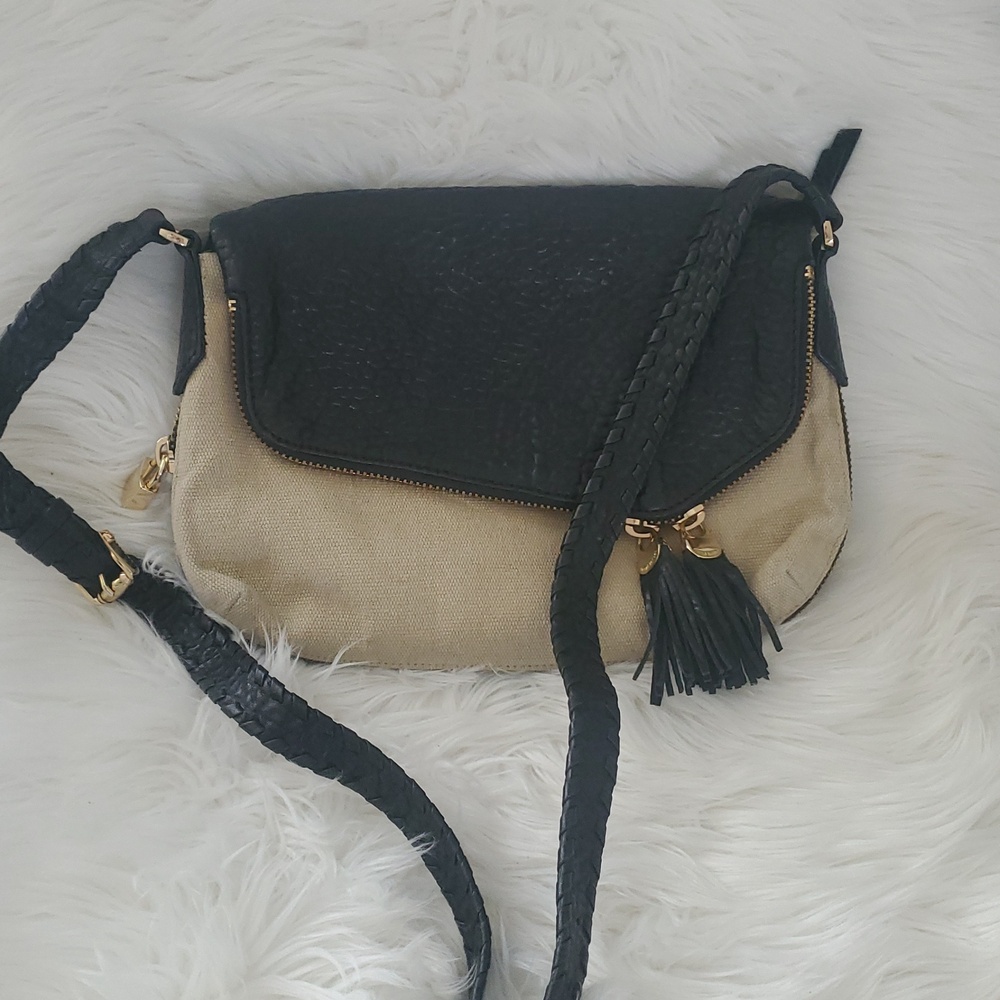 Henri Bendel Leather & Canvas Expandable Flap Messenger Crossbody Bag - Picture 2 of 16